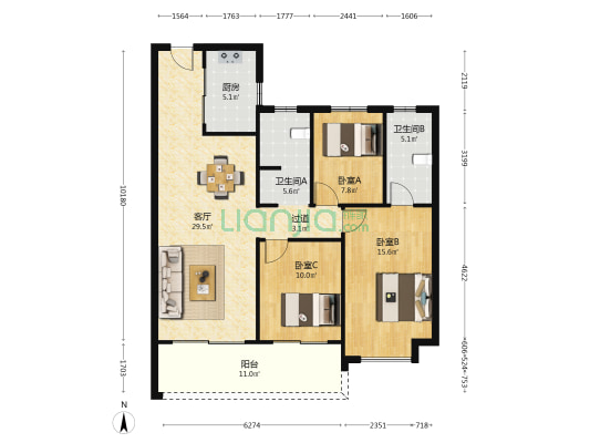 金地·峯范 3室1厅2卫 116平方