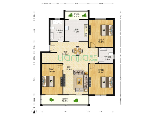 滨江花园 3室2厅2卫 141平方