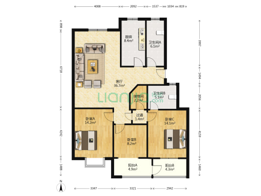 龙晶河滨花园 3室1厅2卫 132平方