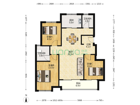 万科翠湖山晓 3室1厅2卫 98平方