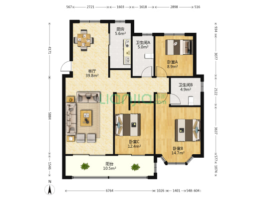 鱼嘴金茂悦 3室1厅2卫 123平方
