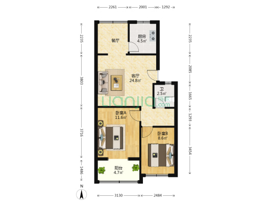 167厂桃花园小区 2室1厅1卫 64平方