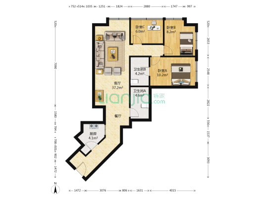 香港广场 3室1厅2卫 133平方