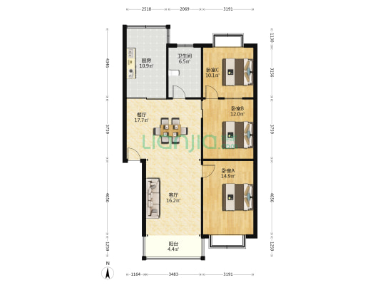 金恒花苑 3室2厅1卫 114平方