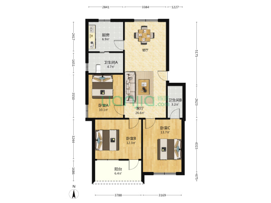 新宅296号 3室1厅2卫 112平方