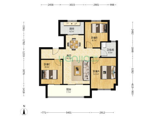 上棠颐和府B区 3室1厅1卫 88平方