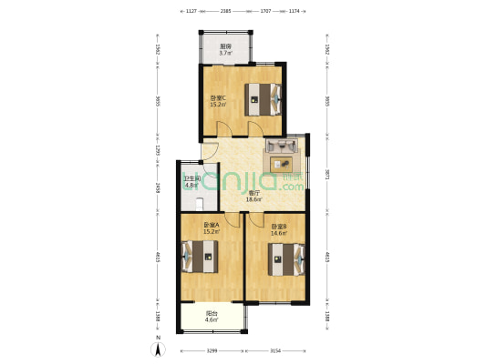 鸿达小区 3室1厅1卫 95平方
