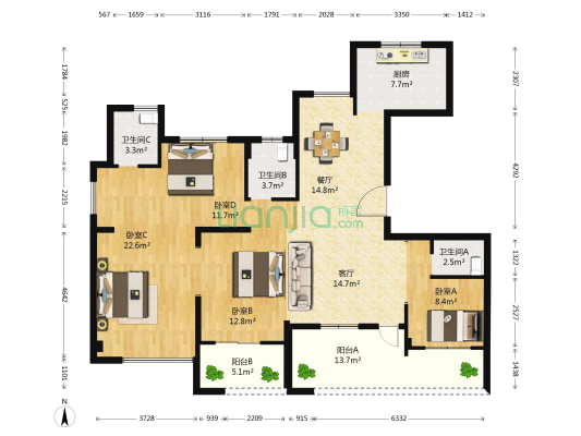 瑞鑫国宾府 4室2厅3卫 138平方