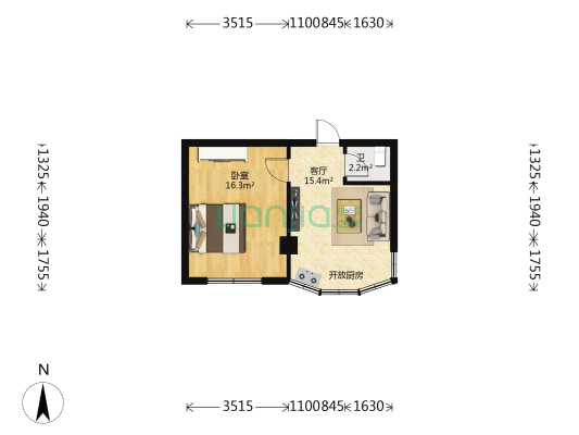 中天公寓 1室1厅1卫 43平方