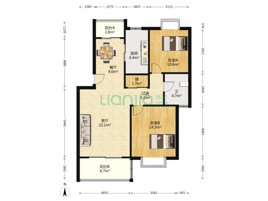 万临家园 2室2厅1卫 97平方