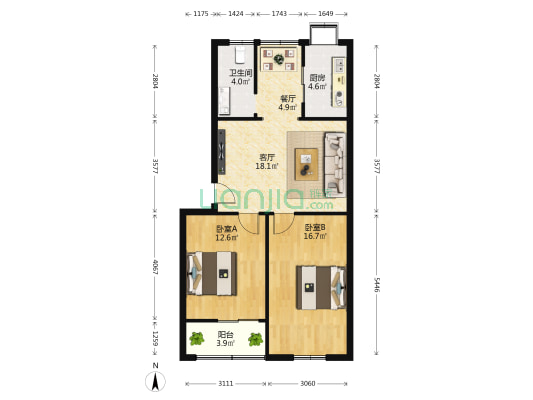 北苑小区 2室2厅1卫 83平方