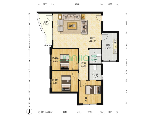新兴花园小区 3室1厅2卫 93平方
