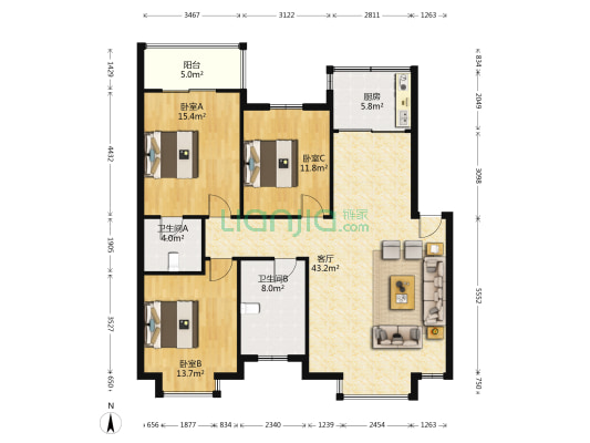 锦江公寓  3室1厅2卫 123平方
