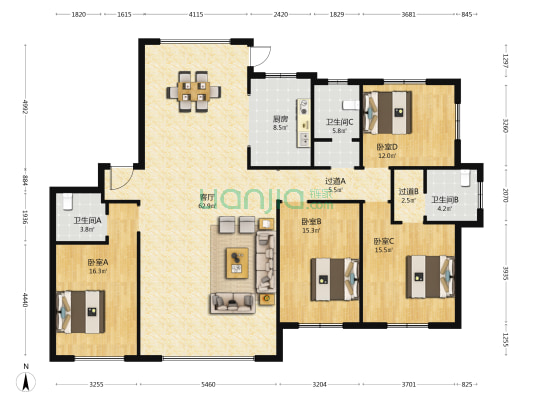 卡地亚世家 4室1厅3卫 165平方