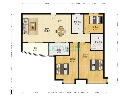 世纪城 3室1厅2卫 128平方