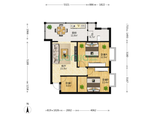 华山西路30号 3室1厅1卫 53平方