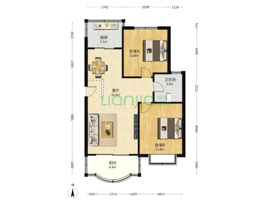 莲鼎苑 2室1厅1卫 88平方