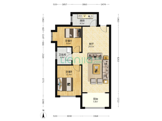 明卫 西边户 次顶层 满五 独立阳台 边户2居 毛坯-户型图