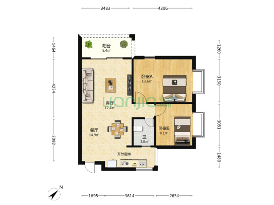 世纪华庭 2室2厅1卫 81平方