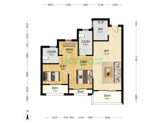 世茂国风源赋 2室1厅2卫 89平方