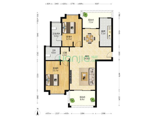 椰风海岸 2室1厅2卫 110平方