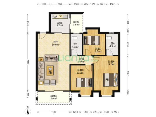 桂东苑 3室1厅2卫 108平方