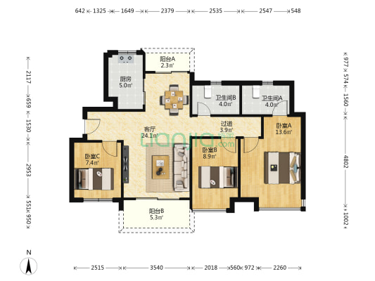 融创天玥 3室1厅2卫 101平方