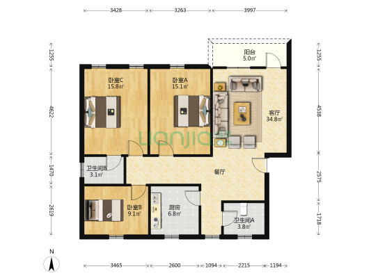 东惠广场 3室1厅2卫 117平方
