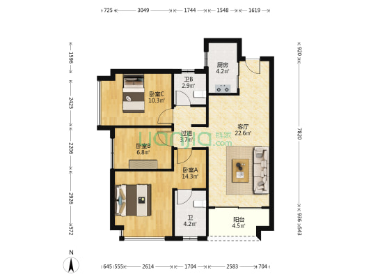 金地棠悦 3室1厅2卫 89平方