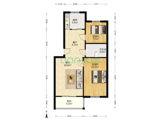 南北通透大两居，精装修，自住标准，采光好-户型图