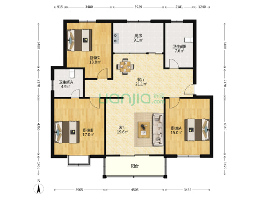 陶浜花园 3室2厅2卫 137平方