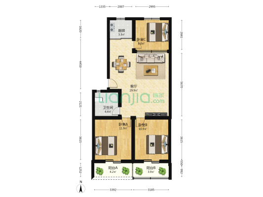 杏林医院宿舍楼 3室1厅1卫 94平方