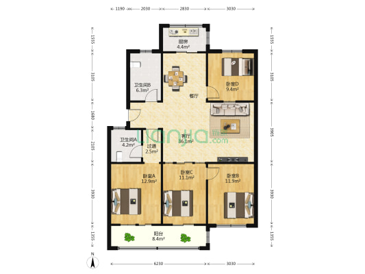 政法小区 4室1厅2卫 136平方