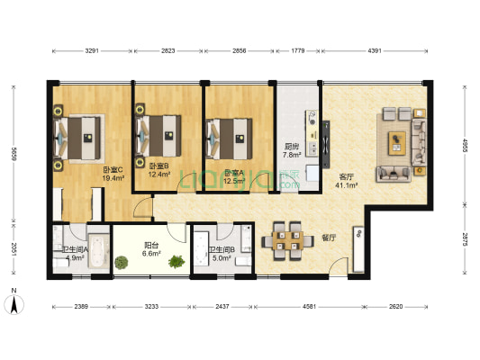 富华里 3室1厅2卫 130平方