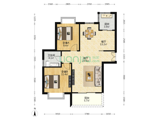 东新城市家园 2室2厅1卫 98平方
