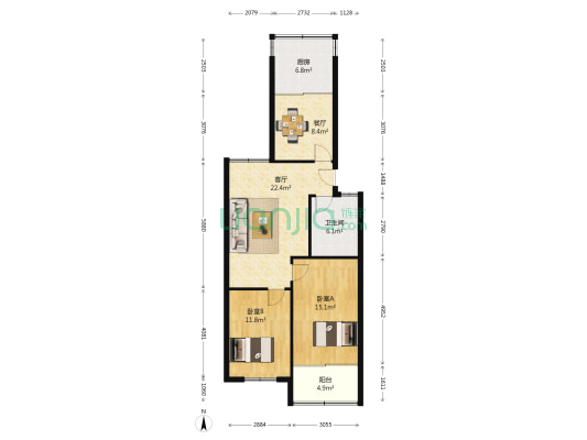 青少年宫宿舍 2室2厅1卫 90平方