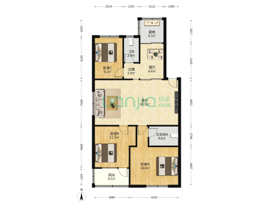 浔江路 3室2厅2卫 113平方