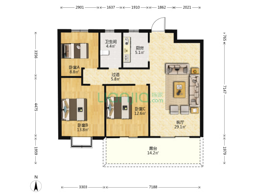 巨能城海珀苑 3室1厅1卫 119平方
