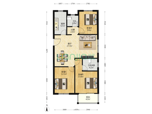 太平洋城中城二期 3室1厅2卫 121平方