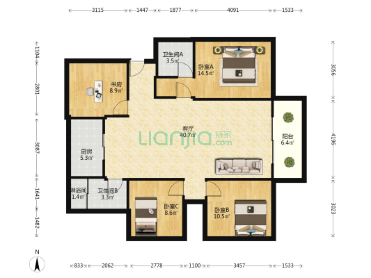 清风阁东区 4室1厅3卫 122平方