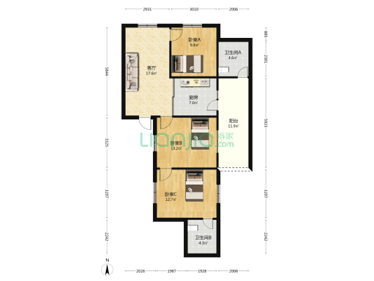 福建省立医院宿舍 3室1厅2卫 75平方
