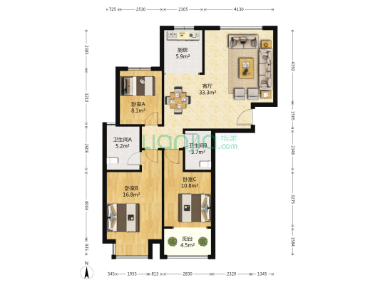 奥文国际城 3室1厅2卫 132平方