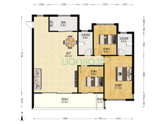 建业世和府三期 3室1厅2卫 136平方