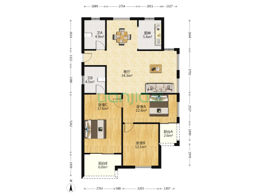 归谷佳苑 3室1厅2卫 125平方