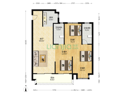 红星江月府 3室1厅2卫 122平方