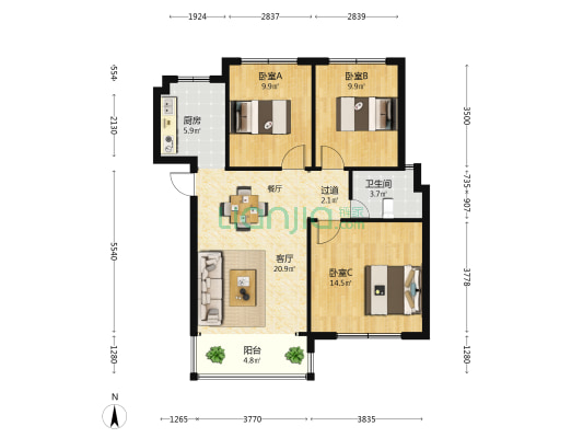 柳树花园南区 3室1厅1卫 90平方