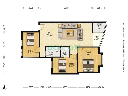 富辉楼 3室1厅2卫 96平方