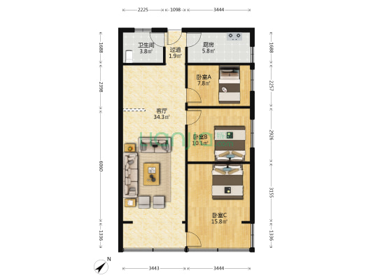 星云花园 3室1厅1卫 102平方