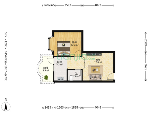 福鸿花园 1室1厅1卫 49平方