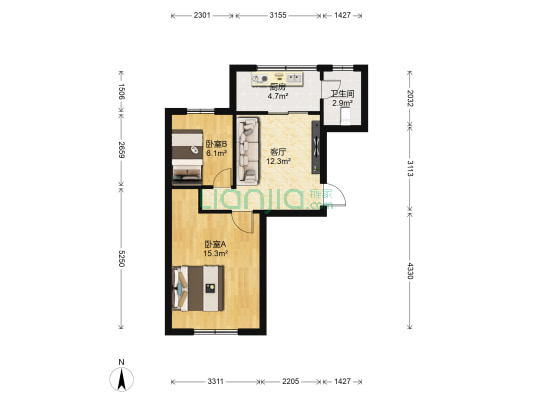 六中宿舍 2室1厅1卫 49平方